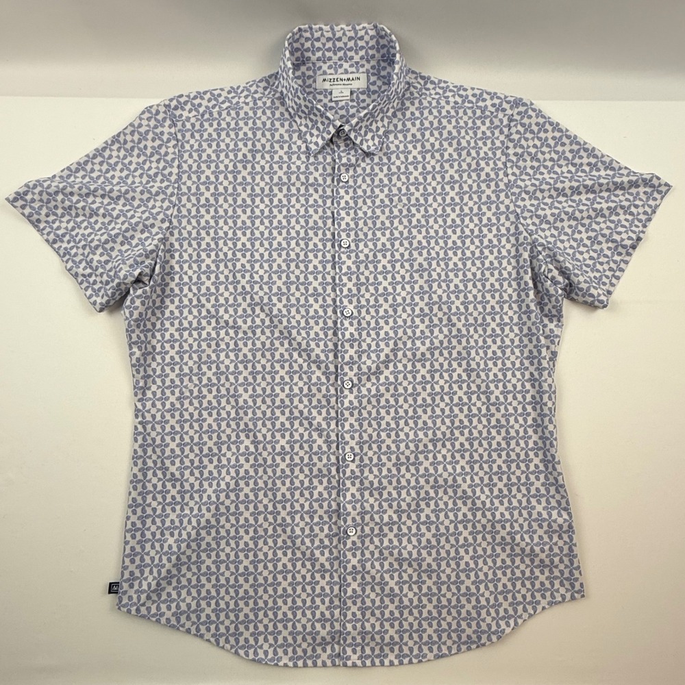 Mizzen+Main Mens Large Trim Fit Short Sleeve Paisley Performance Shirt Blue